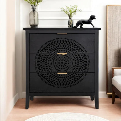3 Drawer Cabinet with Hollow-Carved 3 Drawer Dresser Storage Chest with Metal Handles For Entryway Living Room Bedroom
