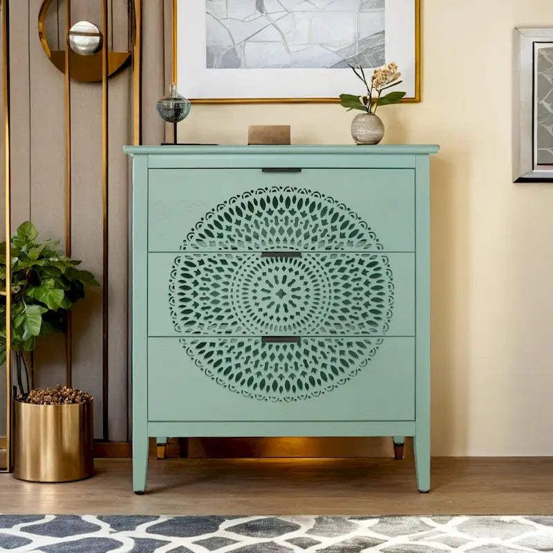 3 Drawer Cabinet with Hollow-Carved 3 Drawer Dresser Storage Chest with Metal Handles For Entryway Living Room Bedroom