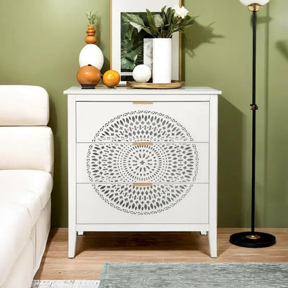 3 Drawer Cabinet with Hollow-Carved 3 Drawer Dresser Storage Chest with Metal Handles For Entryway Living Room Bedroom