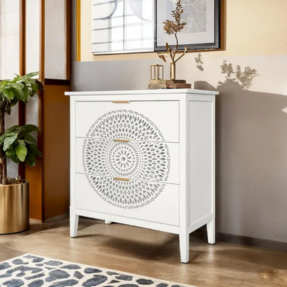 3 Drawer Cabinet with Hollow-Carved 3 Drawer Dresser Storage Chest with Metal Handles For Entryway Living Room Bedroom