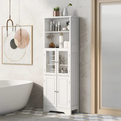 White Tall Storage Cabinet with Shelves and Doors for Bathroom, Kitchen and Living Room, MDF Board