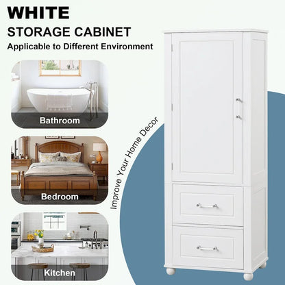 Tall Bathroom Storage Cabinet with Two Drawers and Adjustable Shelf