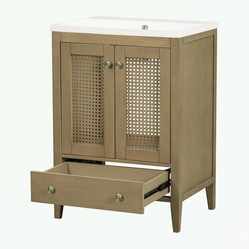 Bathroom Vanity with Ceramic Basin, Two Rattan Doors