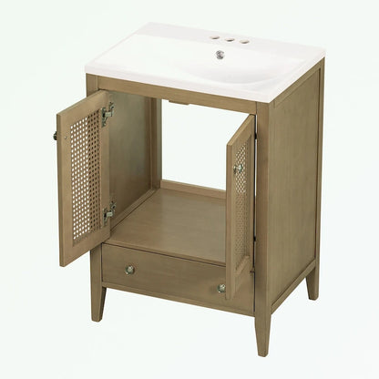 Bathroom Vanity with Ceramic Basin, Two Rattan Doors
