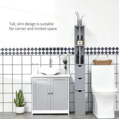 54 Tall Bathroom Storage Cabinet,Freestanding Linen Tower with 2-Tier Shelf and Drawers
