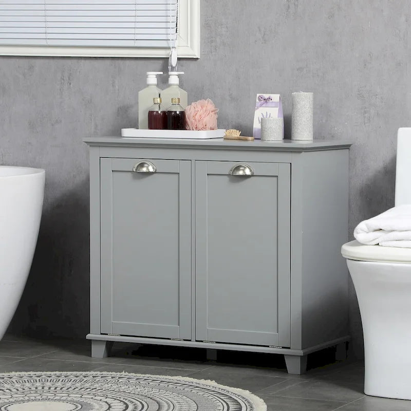 Bathroom Storage Organizer with Two-Compartment Tilt-Out Hamper