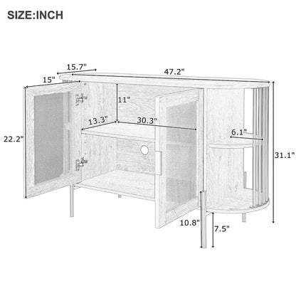 2-Door Elegant Curved Dining Cabinet with Gold Trim and Woven Rattan Doors for Dining Room