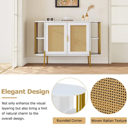 2-Door Elegant Curved Dining Cabinet with Gold Trim and Woven Rattan Doors for Dining Room