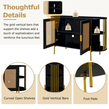 2-Door Elegant Curved Dining Cabinet with Gold Trim and Woven Rattan Doors for Dining Room
