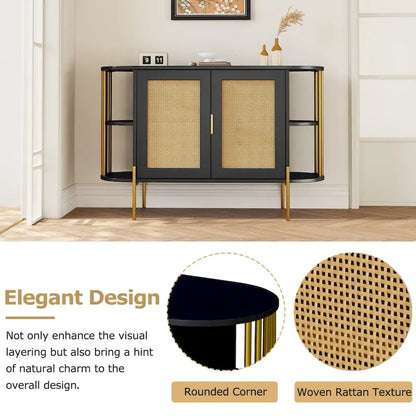 2-Door Elegant Curved Dining Cabinet with Gold Trim and Woven Rattan Doors for Dining Room