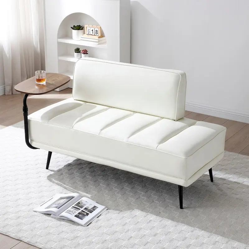 56.3Width End of Bed Bench,Faux Leather Upholstered With side table,360-degree Swivel tray couch,Entryway Ottoman,Metal Legs