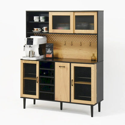 59 H Buffet Sideboard Cabinet with Storage Door & Power Outlet, Farmhouse Coffee Bar Cabinet with Wine Rack, Kitchen Pantry