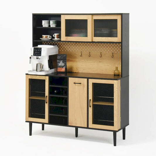 59 H Buffet Sideboard Cabinet with Storage Door & Power Outlet, Farmhouse Coffee Bar Cabinet with Wine Rack, Kitchen Pantry