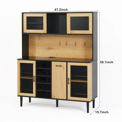 59 H Buffet Sideboard Cabinet with Storage Door & Power Outlet, Farmhouse Coffee Bar Cabinet with Wine Rack, Kitchen Pantry