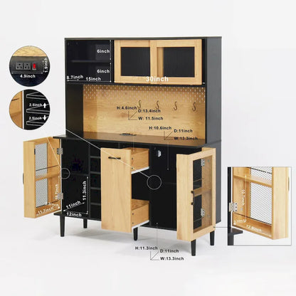 59 H Buffet Sideboard Cabinet with Storage Door & Power Outlet, Farmhouse Coffee Bar Cabinet with Wine Rack, Kitchen Pantry