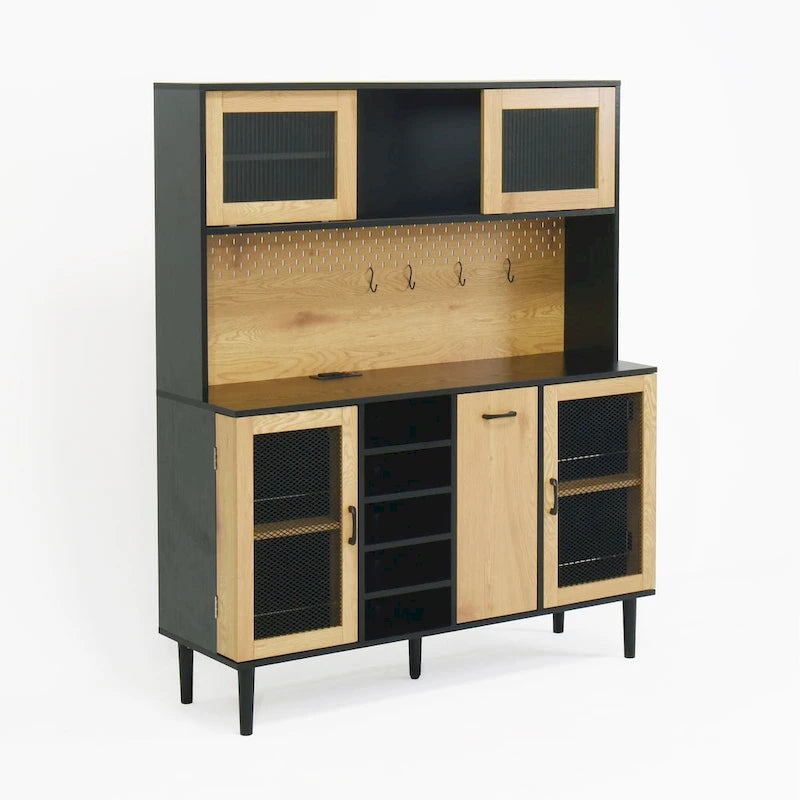 59 H Buffet Sideboard Cabinet with Storage Door & Power Outlet, Farmhouse Coffee Bar Cabinet with Wine Rack, Kitchen Pantry
