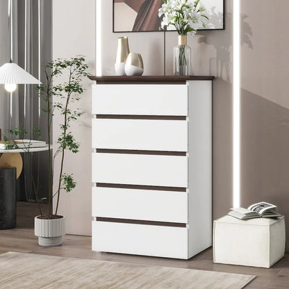 Tall White Dresser for Bedroom, Mid Century Modern Dresser with Drawers, 5 Drawer Dresser with Wood Color Top, Small Dresser