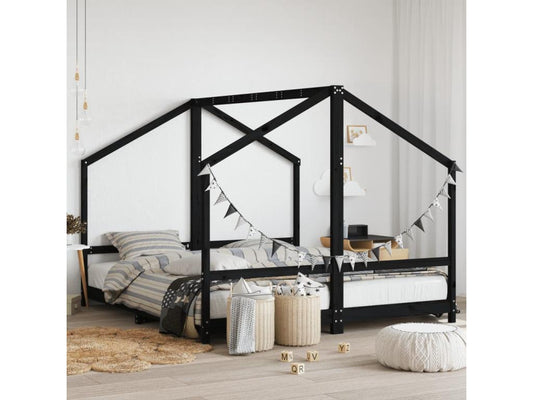 Black Pine Wood Bed Frame, 2 x 90 x 200 cm
